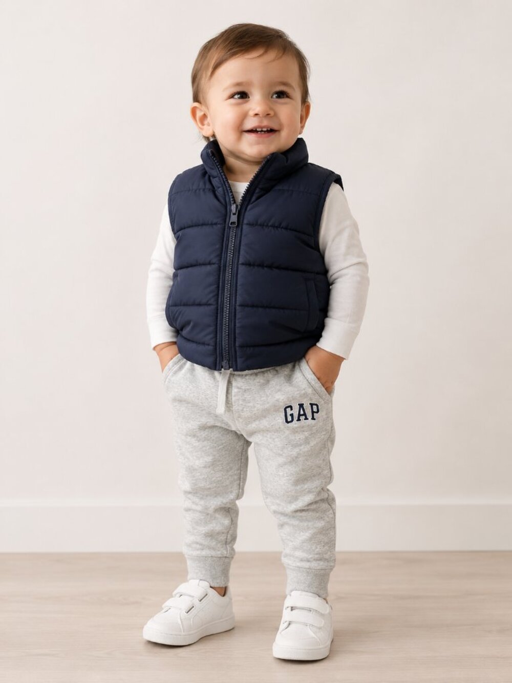 Gap Toddler Outfit 18-24M Navy Puffer Vest Gray Joggers Cozy Baby Set